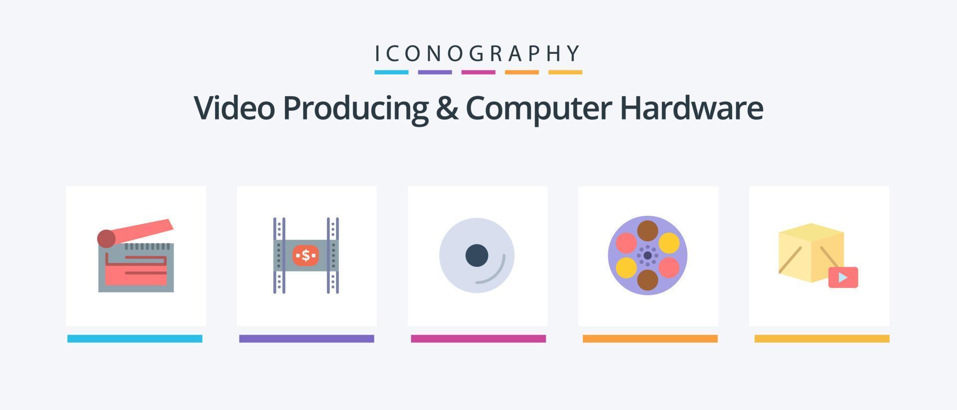 producción de video y paquete de íconos planos de hardware de computadora 5 que incluye tanque. película. dinero. película. medios de comunicación. diseño de iconos creativos vector