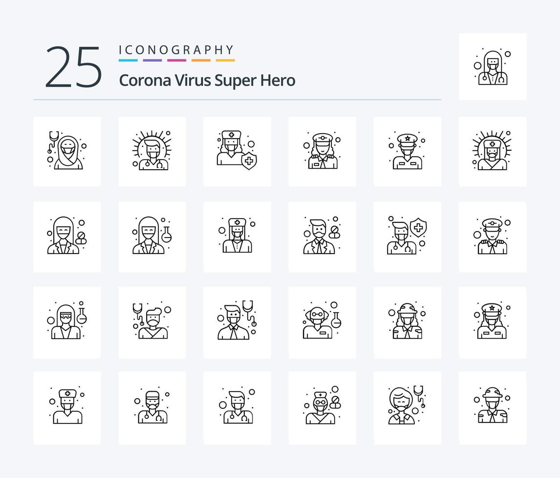 corona virus super héroe paquete de iconos de 25 líneas que incluye oficial. femenino. masculino. blindaje. medicamento vector