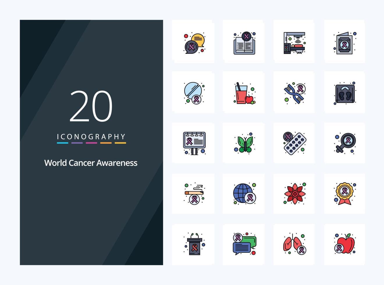 20 íconos llenos de línea de concientización sobre el cáncer mundial para presentación vector