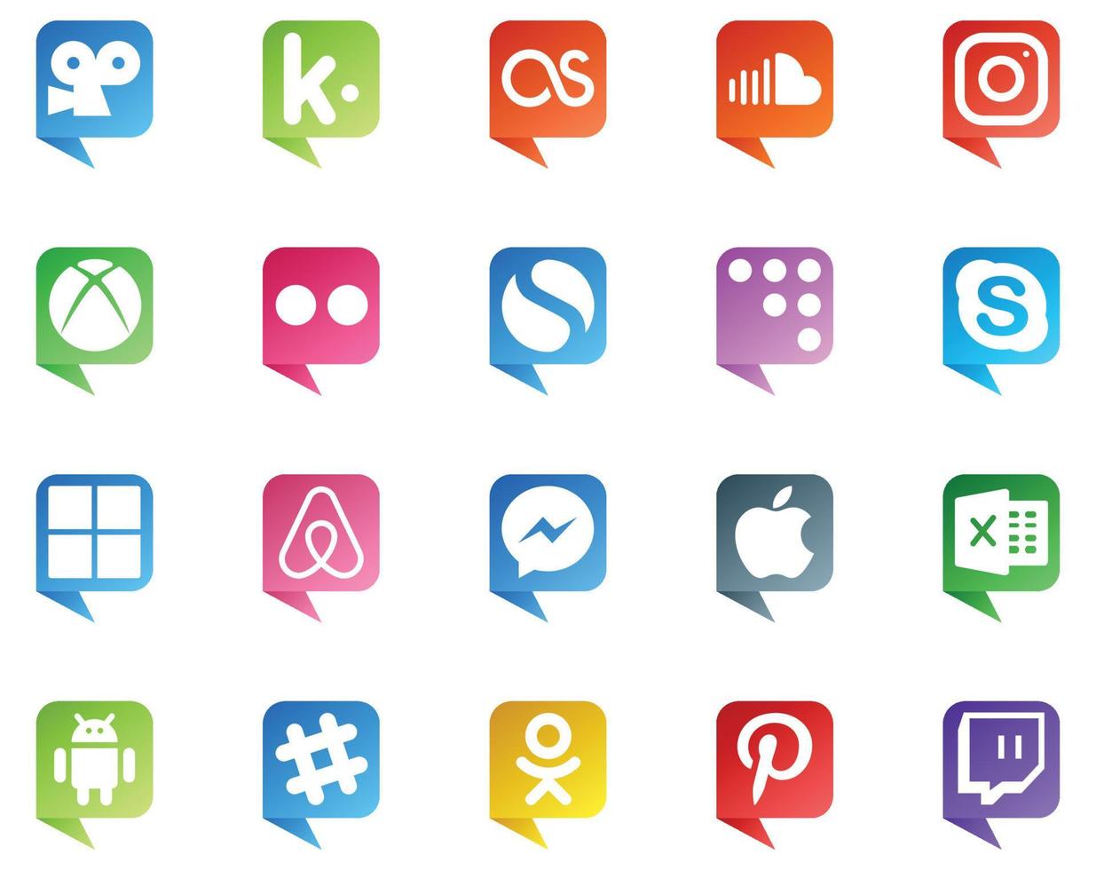 20 logotipos de estilo de burbujas de discurso de redes sociales como excel messenger flickr air bnb chat vector