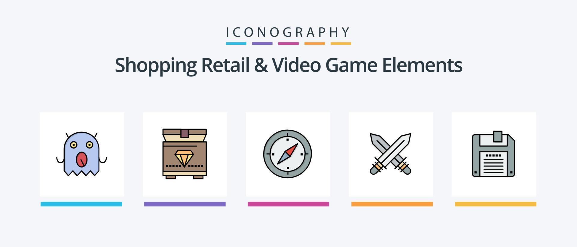 Shoping Retail And Video Game Elements Line Filled 5 Icon Pack Including . shopping. shop. money. box. Creative Icons Design vector