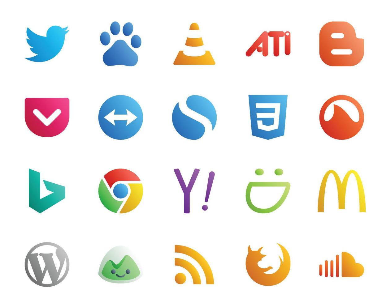 Paquete de 20 íconos de redes sociales, incluido el engreído yahoo pocket chrome grooveshark vector