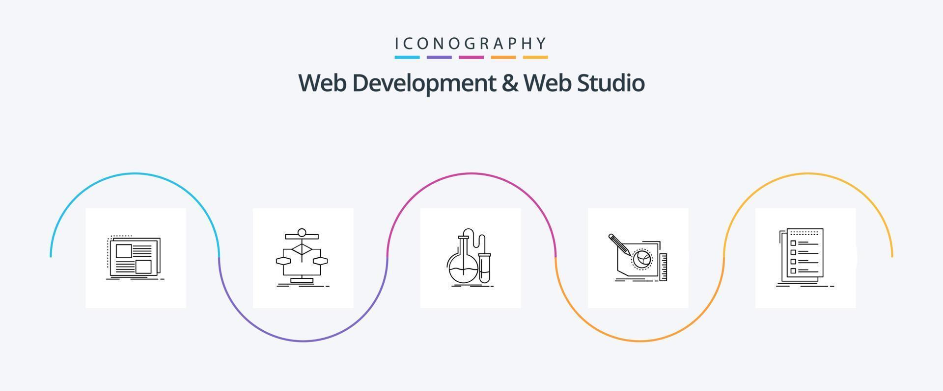 Web Development And Web Studio Line 5 Icon Pack Including design. test. data. research. chemistry vector