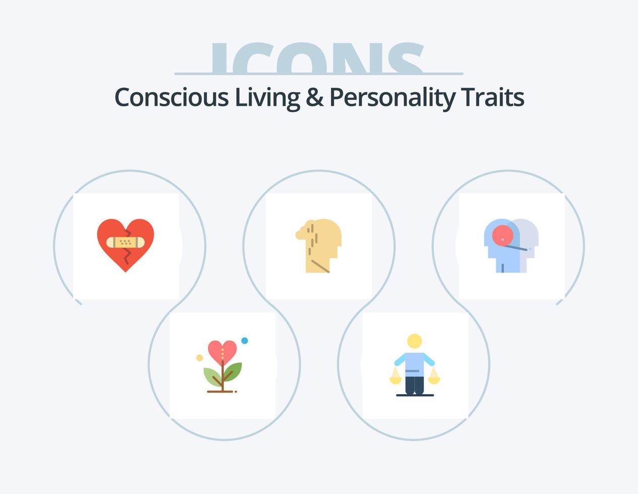 vida consciente y rasgos de personalidad paquete de iconos planos 5 diseño de iconos. humano. depresión. juicio. amar. perdón vector