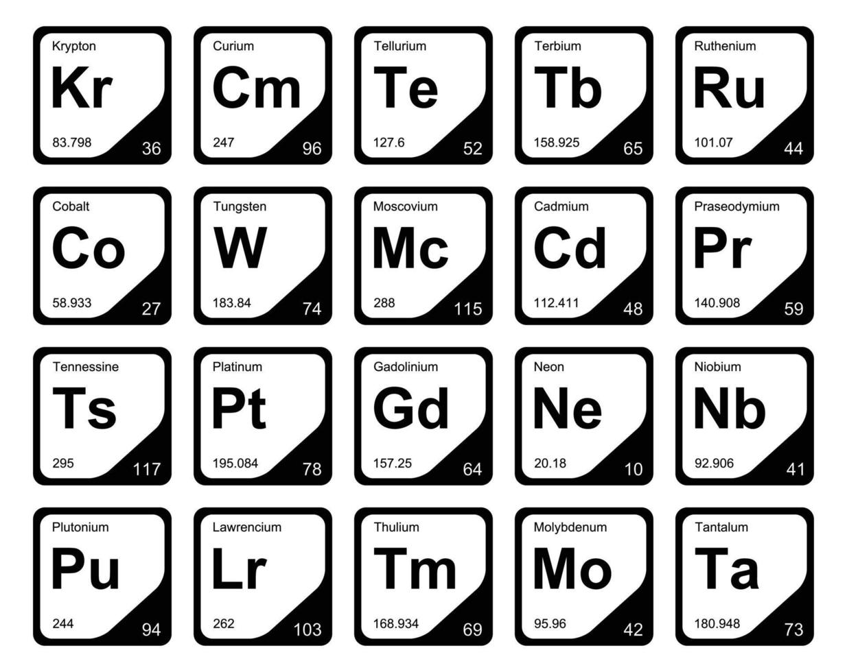 diseño de paquete de iconos de 20 tablas preiodicas de los elementos vector