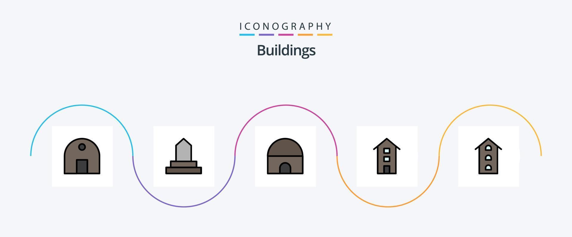 la línea de edificios llenó el paquete de iconos planos 5 que incluye. mezquita. tiendas vector