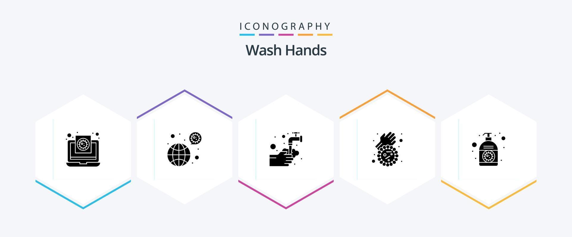 Wash Hands 25 Glyph icon pack including covid. bacteria. covid. bubble. washing vector