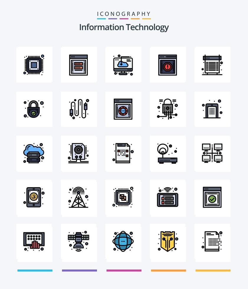 Creative Information Technology 25 Line FIlled icon pack  Such As message. alert. password. software. download vector