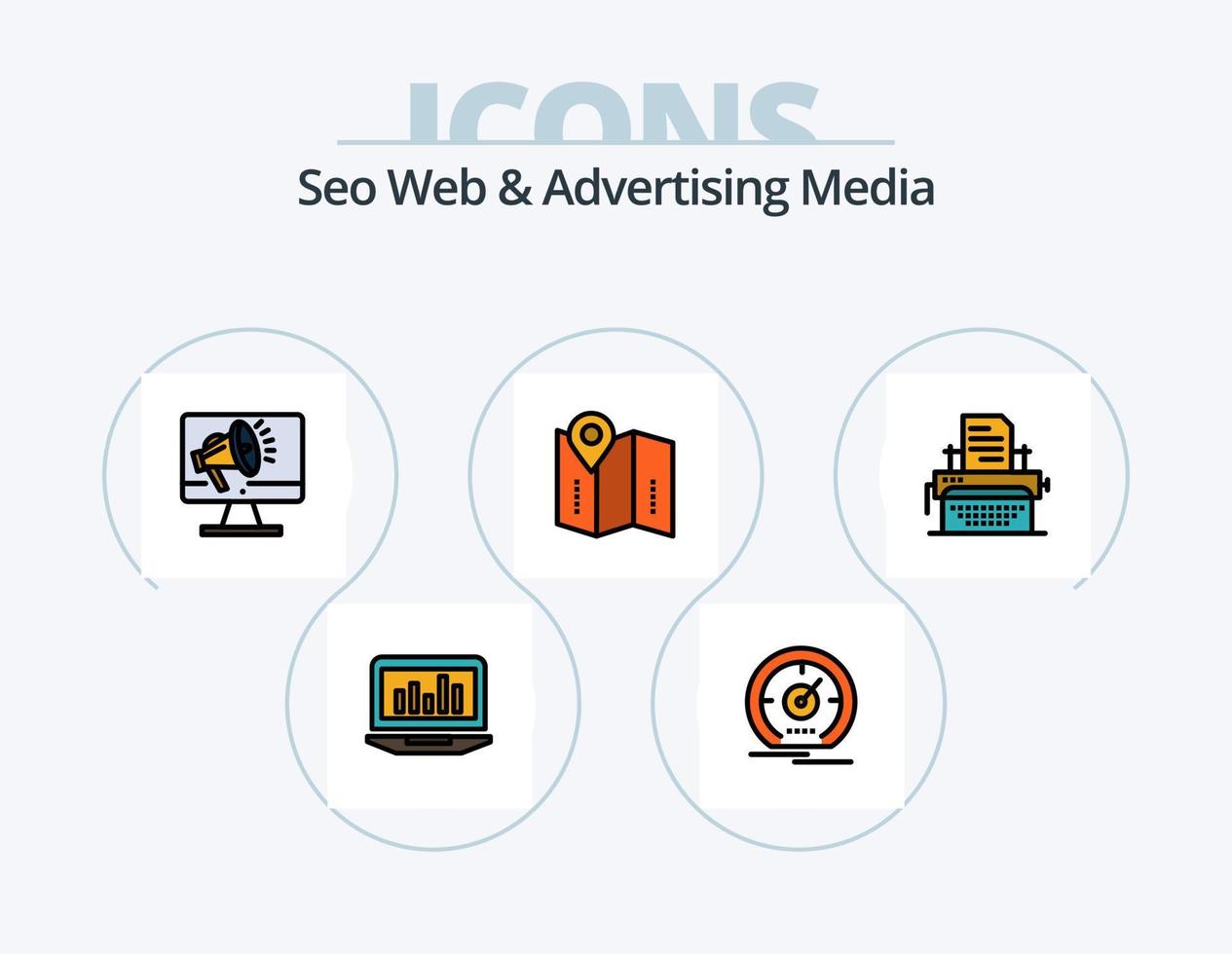 Seo web y línea de medios publicitarios llenos de iconos paquete 5 diseño de iconos. página. pase lupa disposición. seguro vector