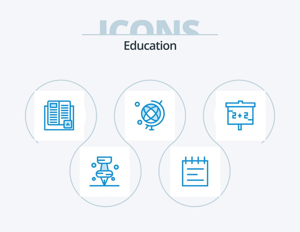 Education Blue Icon Pack 5 Icon Design. blackboard. globe. book. geography. school vector