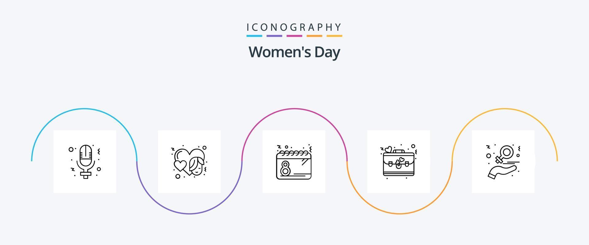 paquete de iconos de la línea 5 del día de la mujer que incluye caridad. día. calendario. maletín. fecha vector