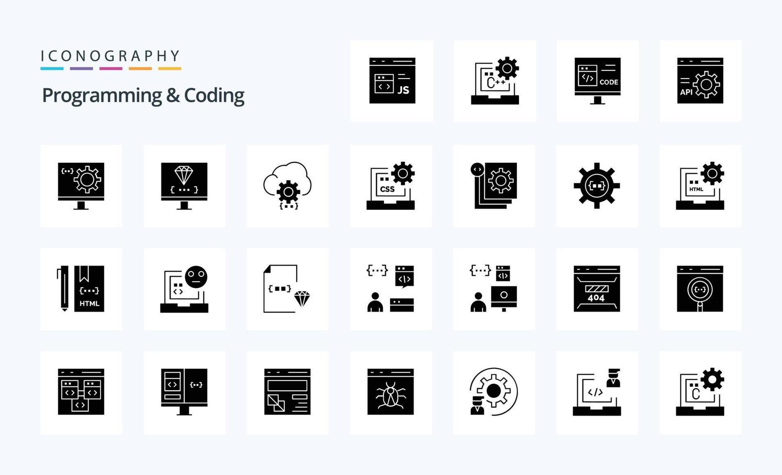 25 Programming And Coding Solid Glyph icon pack vector