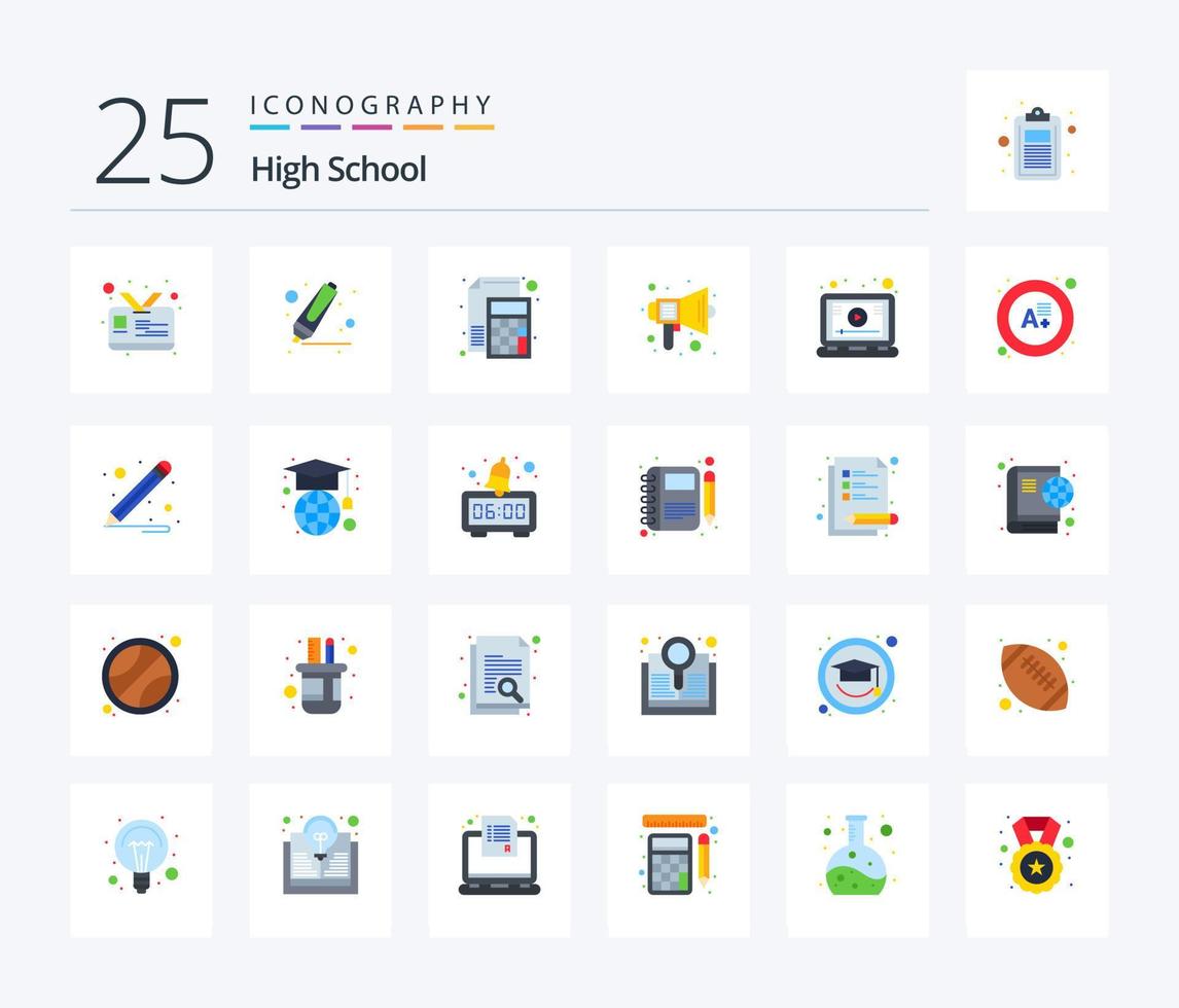 paquete de iconos de color plano de la escuela secundaria 25 que incluye en línea. vocero. archivo. sonido. educación vector