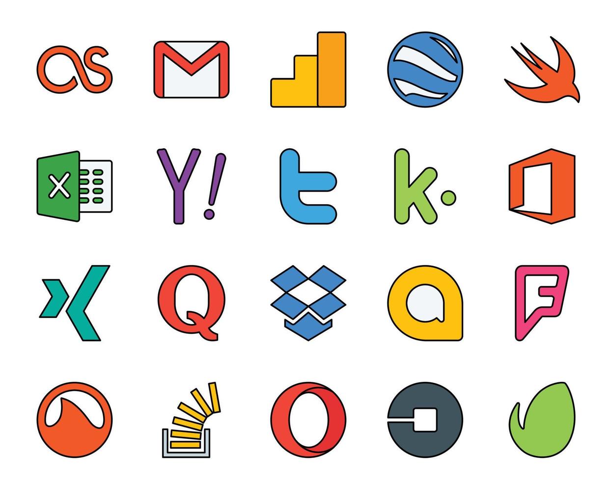 20 Social Media Icon Pack Including dropbox quora yahoo xing kik vector