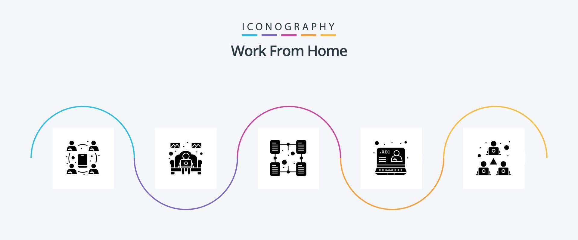 Work From Home Glyph 5 Icon Pack Including online. communication. home work. recording. folder vector