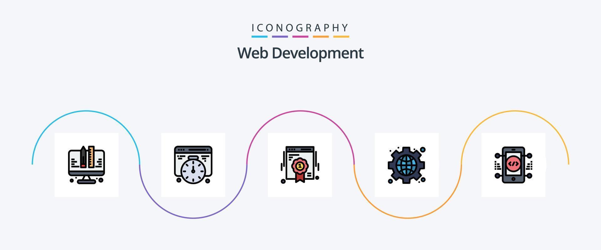 Web Development Line Filled Flat 5 Icon Pack Including online. coding. quality. globe. interface vector