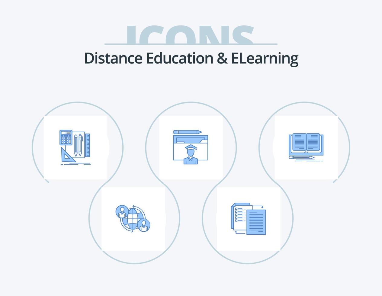 educación a distancia y e-learning blue icon pack 5 diseño de iconos. graduación. educación. wlan avatar. calculadora vector