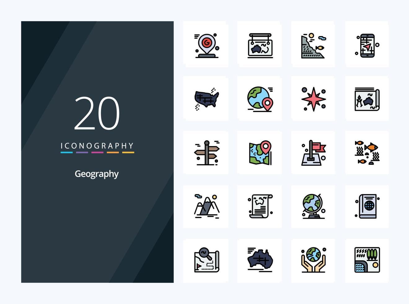 20 Geo Graphy line Filled icon for presentation vector