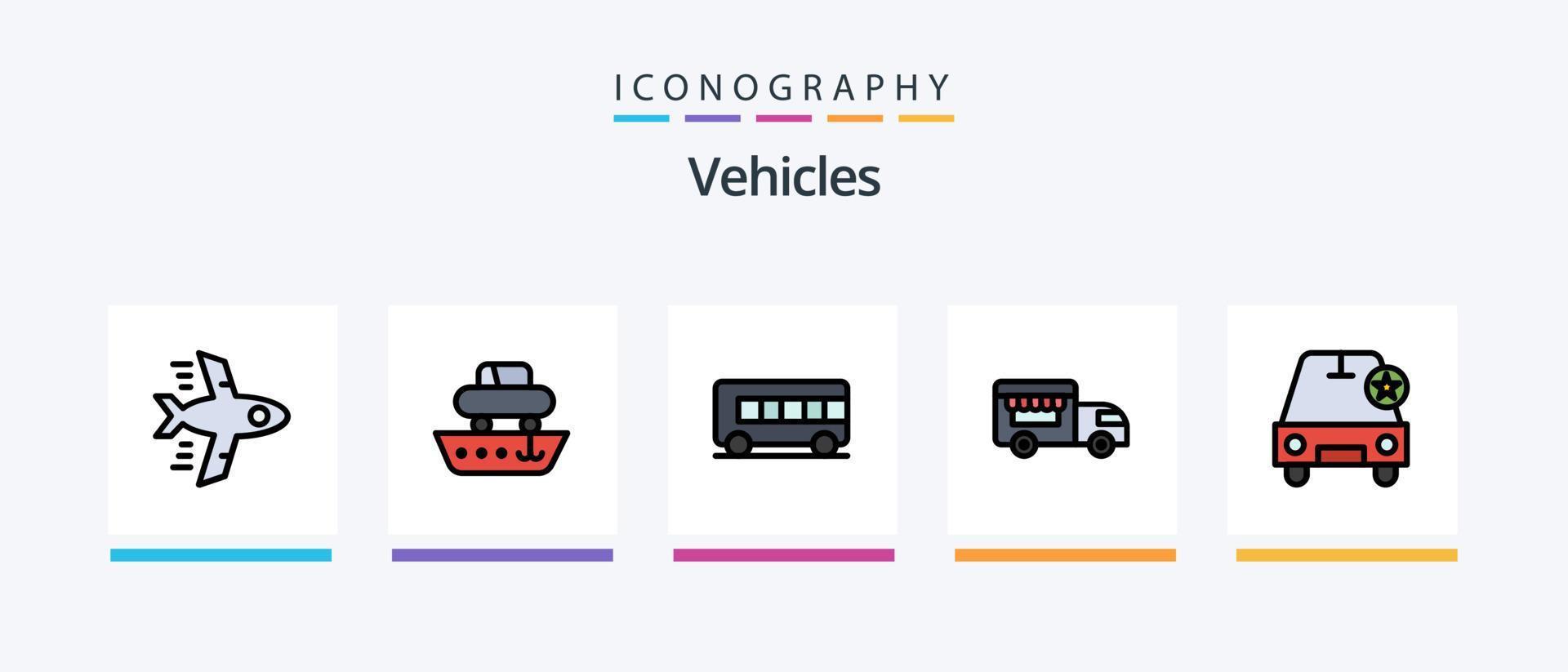 la línea de vehículos llenó el paquete de 5 iconos, incluida la logística. velocidad. auto. motor. barra oblicua. diseño de iconos creativos vector