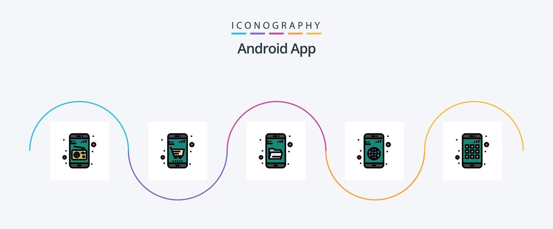Android App Line Filled Flat 5 Icon Pack Including smartphone. app. explore. mobile. application vector