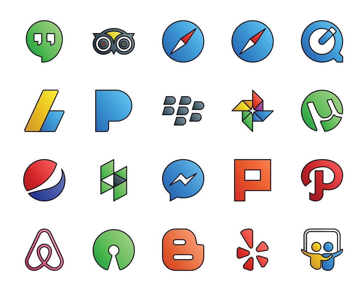 20 Social Media Icon Pack Including air bnb plurk pandora messenger pepsi vector