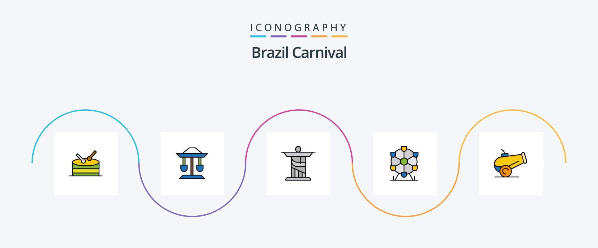 la línea de carnaval de brasil llenó el paquete de iconos flat 5 que incluye un punto de referencia. Cristo. ley. Jesús. carnaval vector