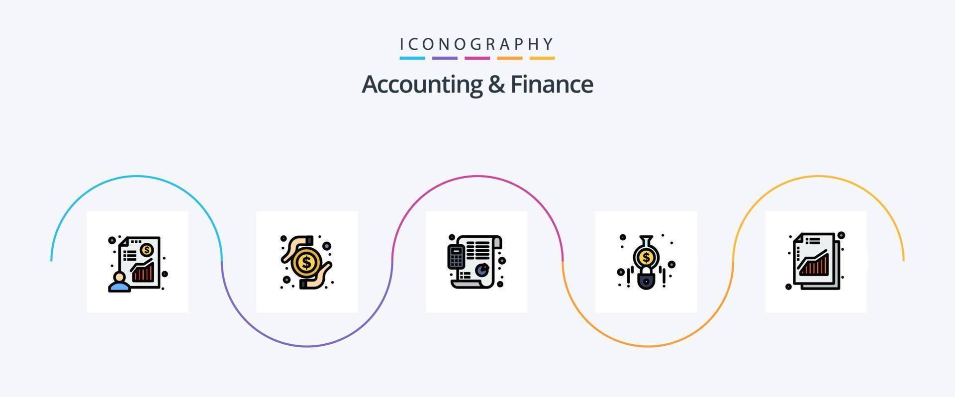 la línea de contabilidad y finanzas llenó el paquete de iconos planos 5 que incluye ganancias. finanzas. plan. calculadora. contabilidad vector