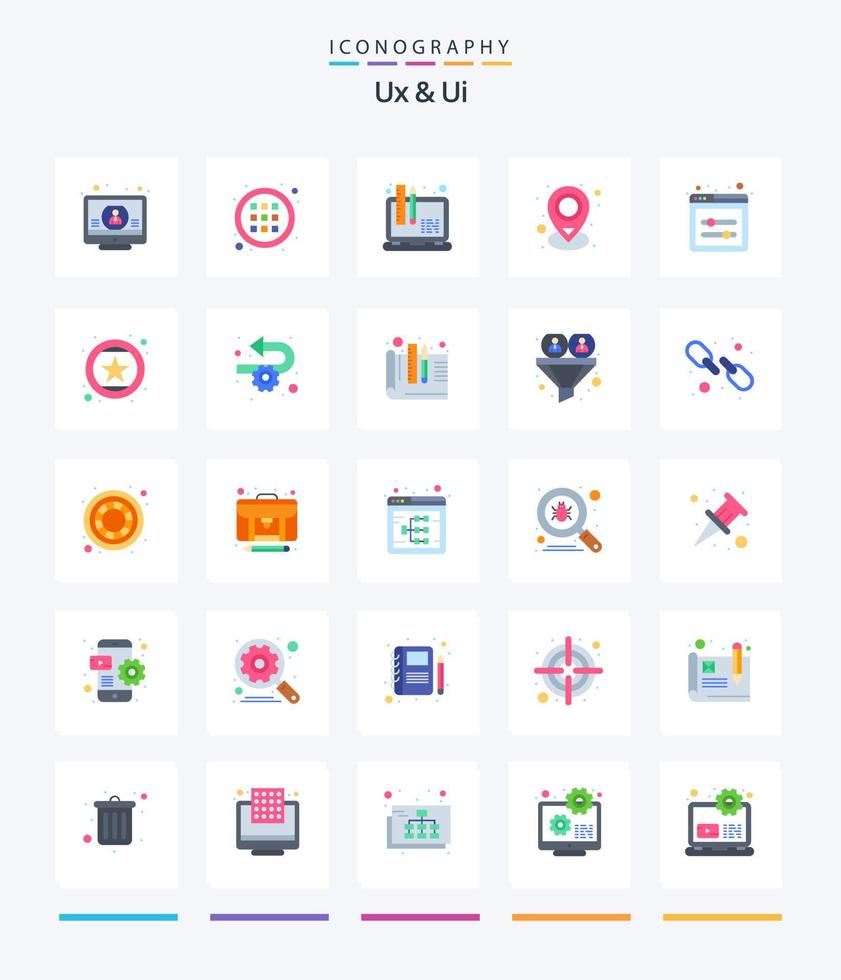 Creative Ux And Ui 25 Flat icon pack  Such As ui sliders. place. design. pin. location vector