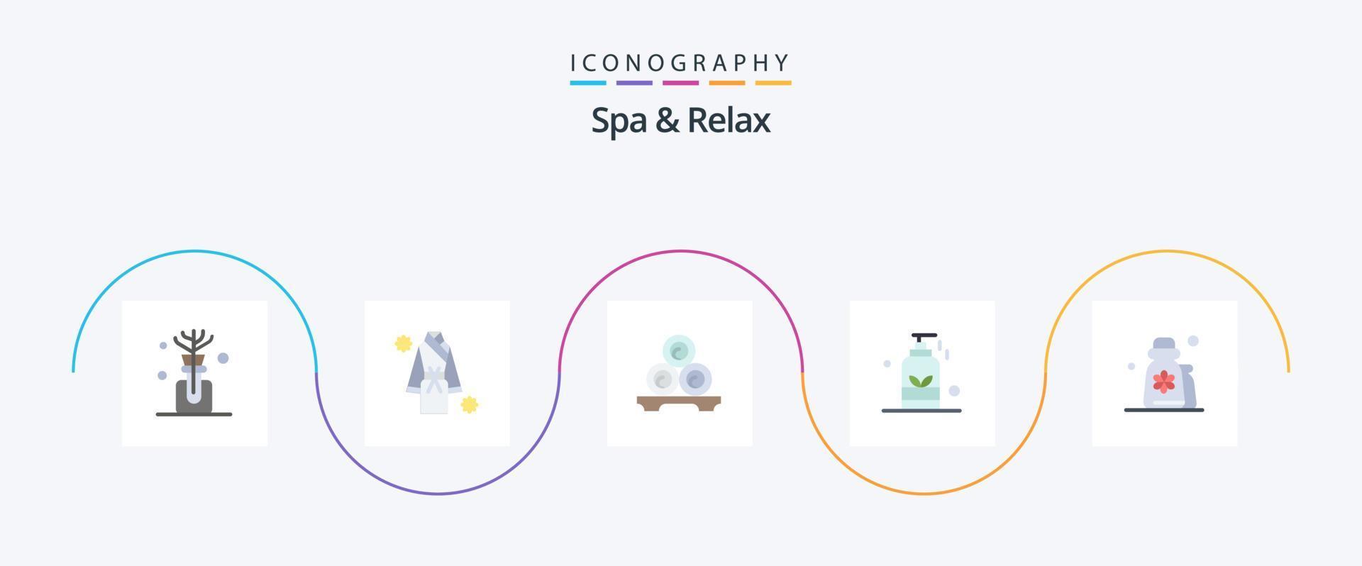 spa y relax flat 5 icon pack que incluye yoga. aceite. masaje. masaje. toallas vector