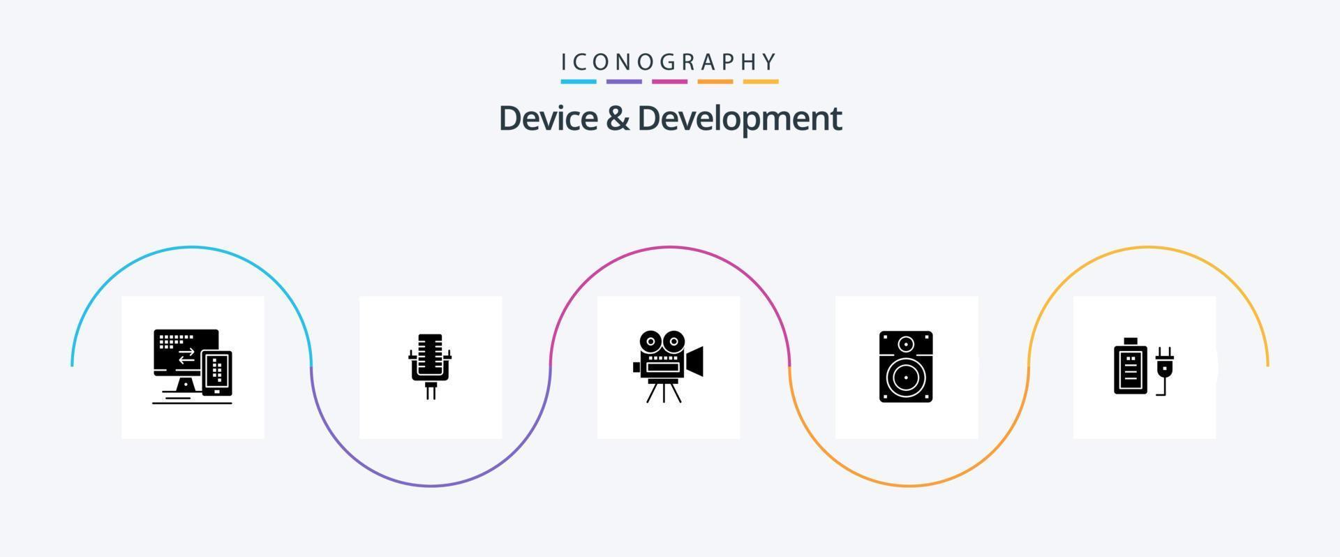 paquete de iconos de glifo 5 de dispositivo y desarrollo que incluye carga. educación. cámara. música. vocero vector