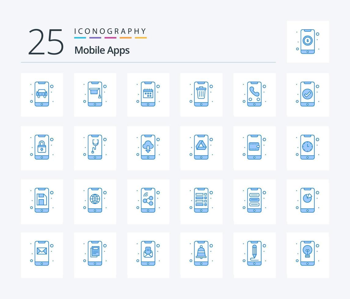 Mobile Apps 25 Blue Color icon pack including delete. app. training app. phone. date vector