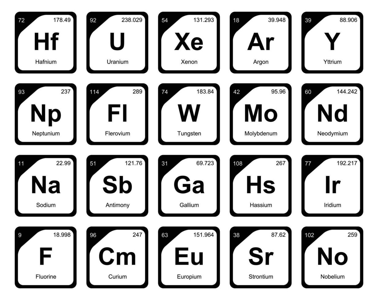 diseño de paquete de iconos de 20 tablas preiodicas de los elementos vector