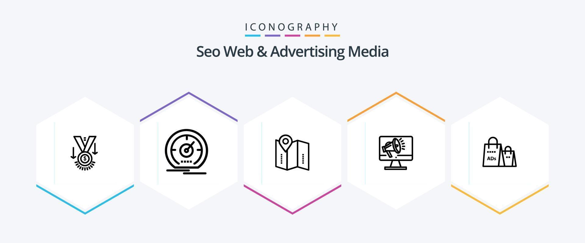 Seo Web And Advertising Media 25 Line icon pack including loudspeaker. speaker. speed. directions vector