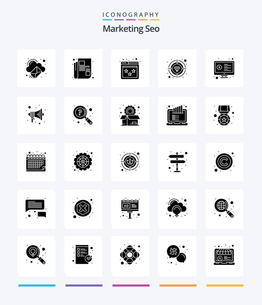 Creative Marketing Seo 25 Glyph Solid Black icon pack  Such As monitor. quality. review. target. premium vector
