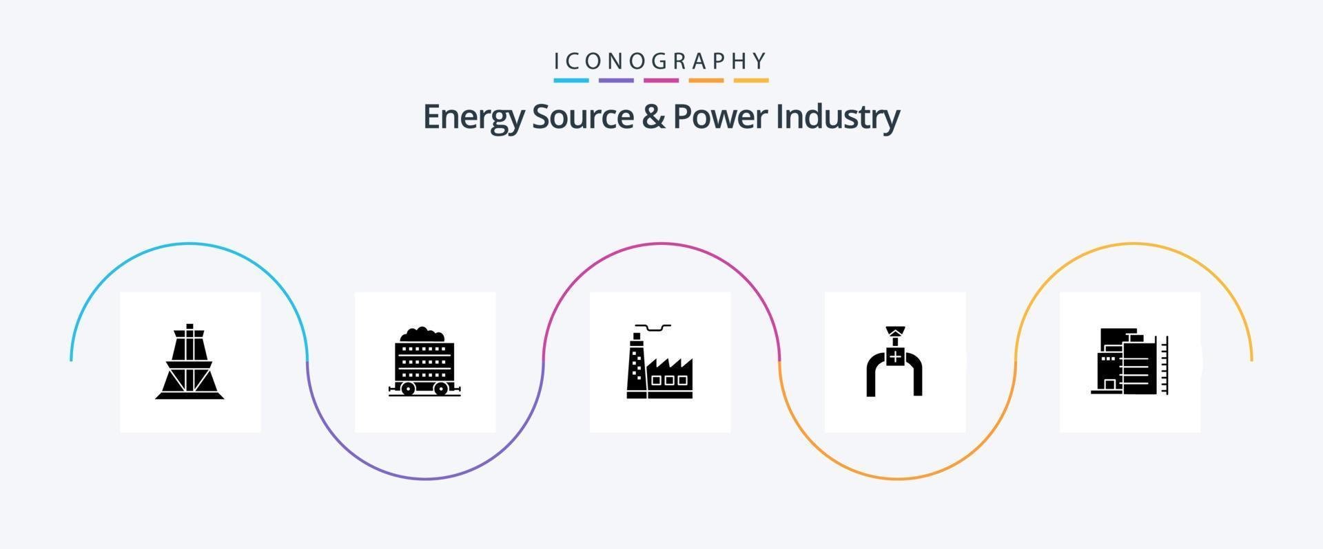 fuente de energía y paquete de iconos de glifo 5 de la industria de energía, incluida la construcción. línea. edificio. gas. tubería vector