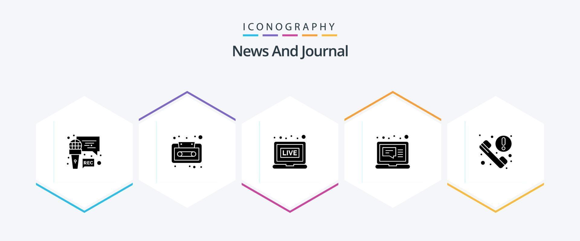 paquete de iconos de 25 glifos de noticias que incluye información. llamar. radiodifusión. mensaje. computadora vector