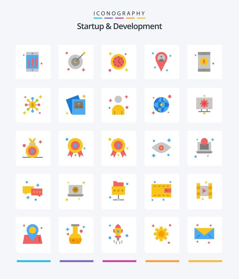 Creative Startup And Develepment 25 Flat icon pack  Such As network. dollar. time. sign. mobile vector