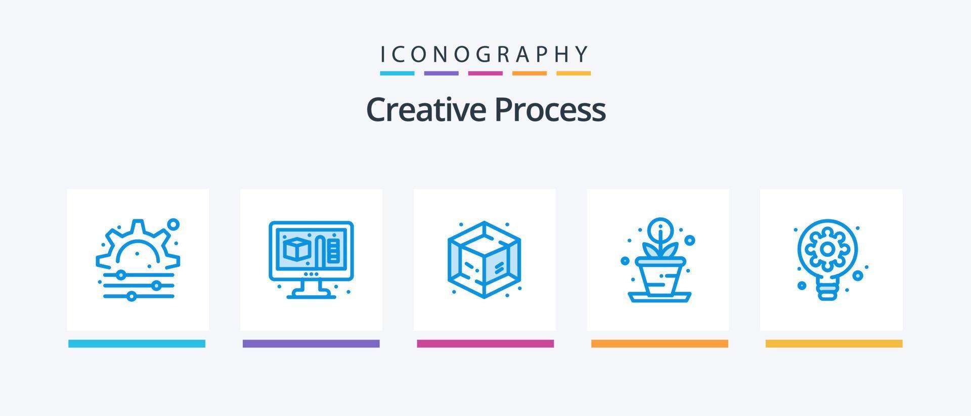 paquete de iconos azul 5 de proceso creativo que incluye . engranaje. objeto. bulbo. creativo. diseño de iconos creativos vector