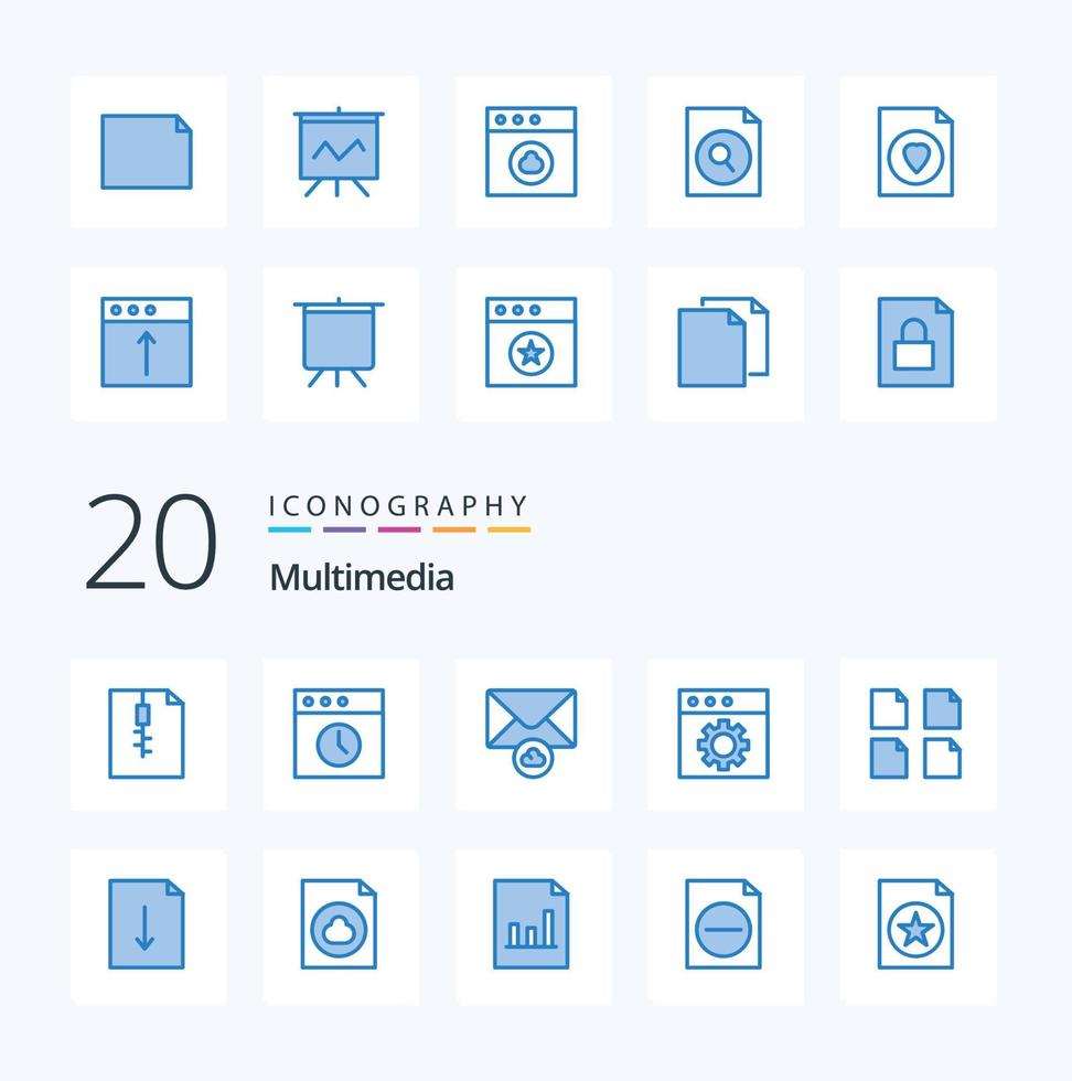 20 Multimedia Blue Color icon Pack like export document mail multiple documents vector