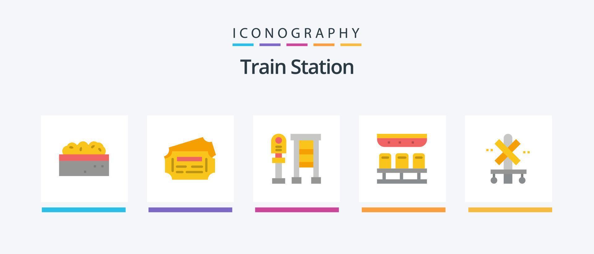estación de tren plana 5 paquete de iconos que incluye la estación. cruz. autobús. viajar. tren. diseño de iconos creativos vector