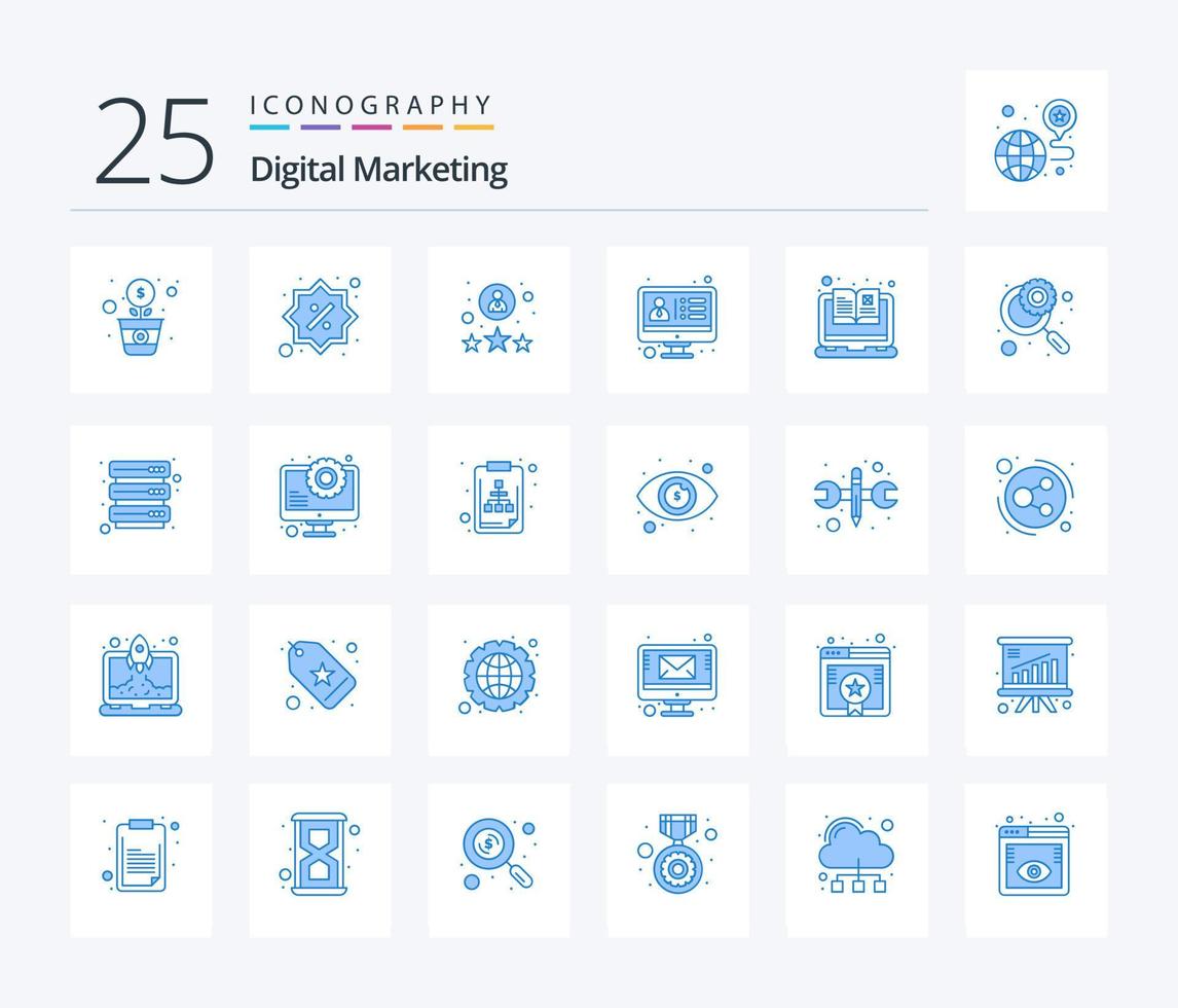 Digital Marketing 25 Blue Color icon pack including catalog. software. rating. crm software. app vector