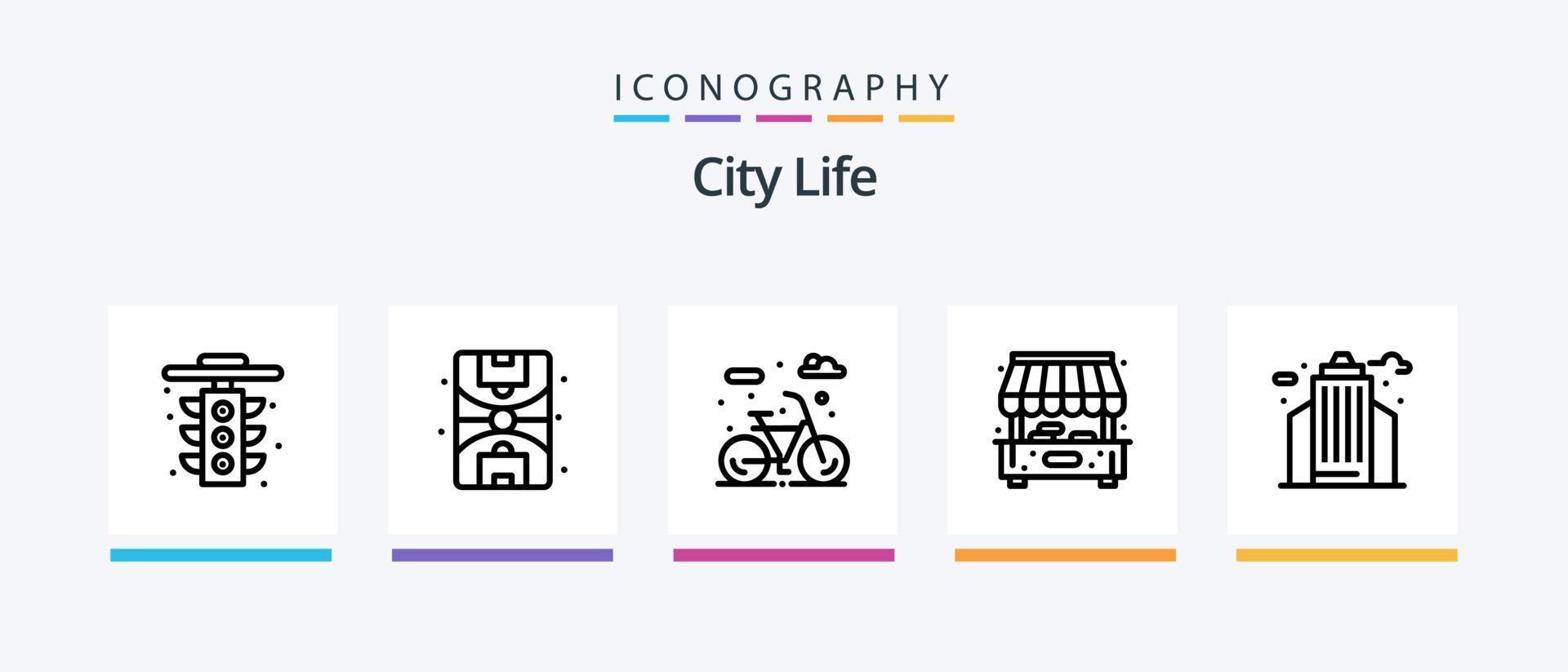 paquete de iconos de la línea de vida de la ciudad 5 que incluye. hospital. bar. ciudad. diseño de iconos creativos vector