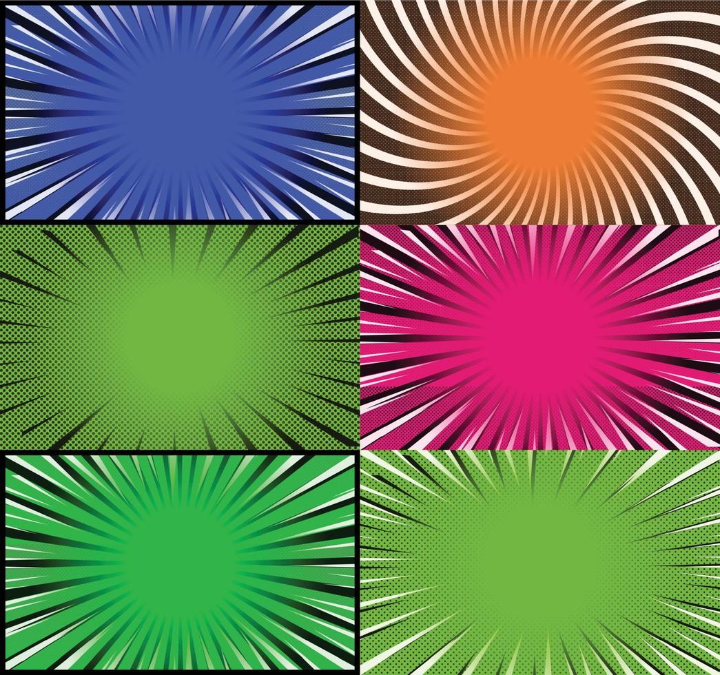 Comic book colorful frames background with halftone rays radial and dotted effects pop art style vector