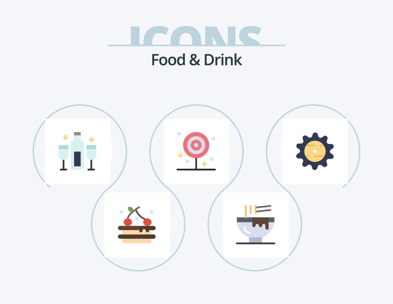 paquete de iconos planos de comida y bebida 5 diseño de iconos. alimento. cena. cocina. desayuno. champán vector