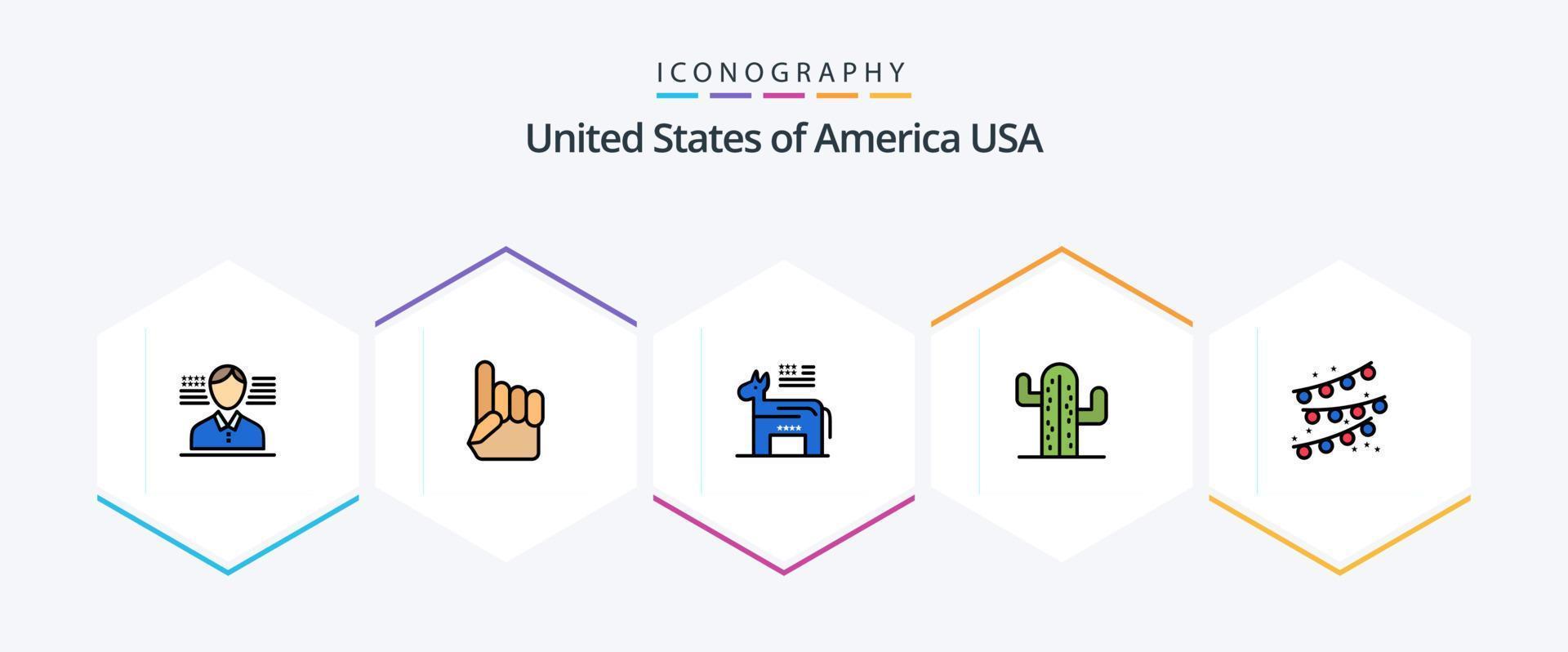 paquete de iconos de 25 líneas completas de EE. UU. que incluye bombilla de fiesta. empavesados americano. americano. EE.UU vector