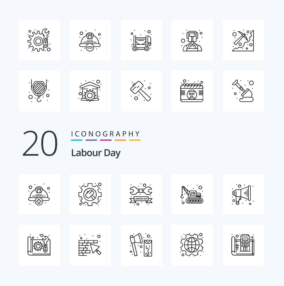 20 Labour Day Line icon Pack like announce machinery settings excavator wrench vector