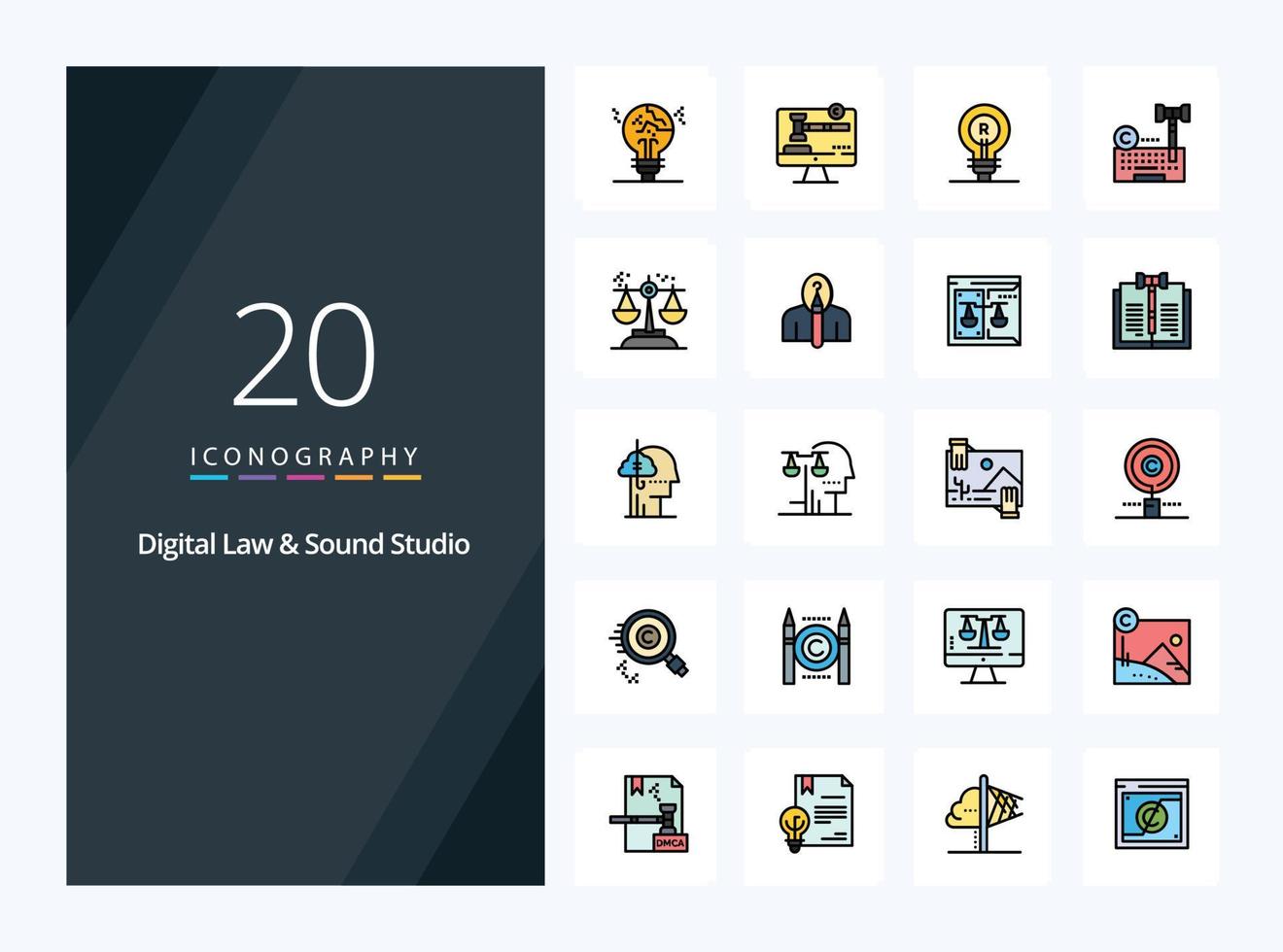 20 Digital Law And Sound Studio line Filled icon for presentation vector