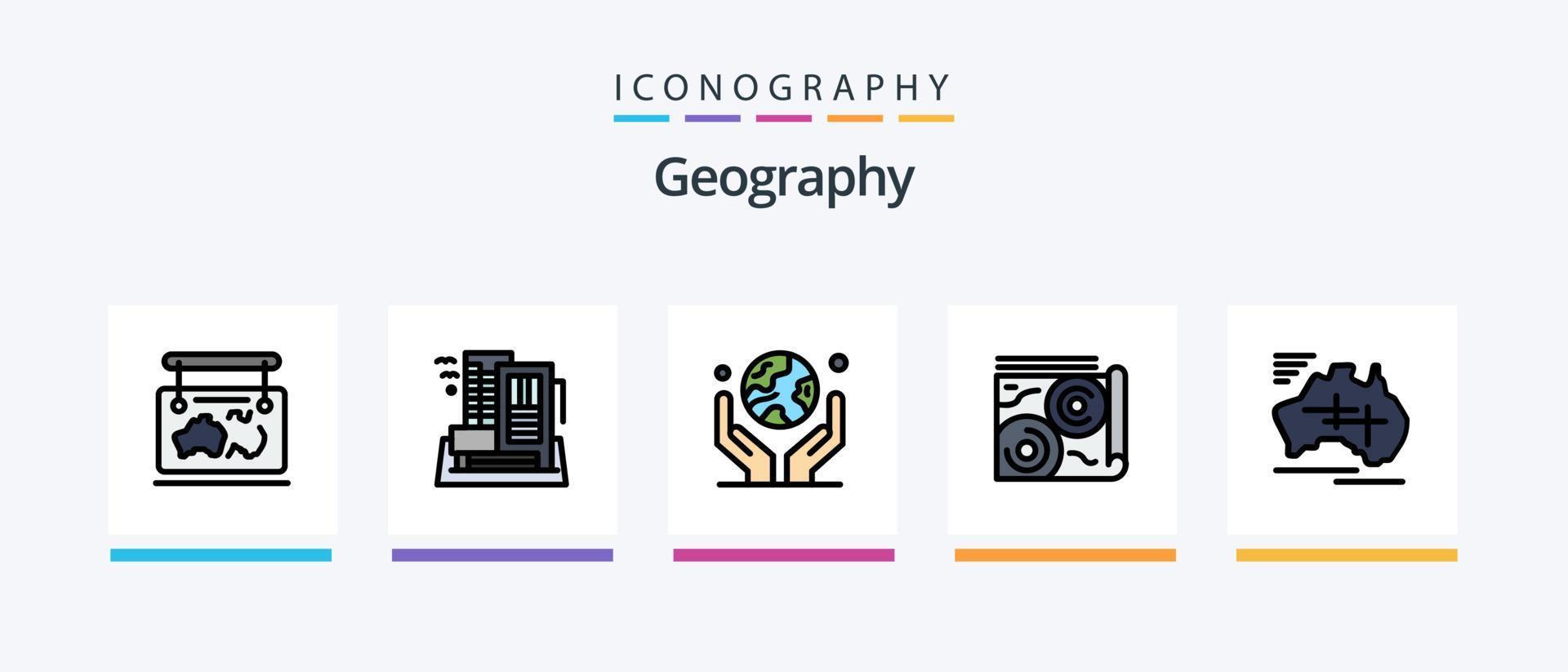 la línea de geografía llenó el paquete de 5 iconos, incluida la guía. mapa. punto. paisaje. viajar. diseño de iconos creativos vector