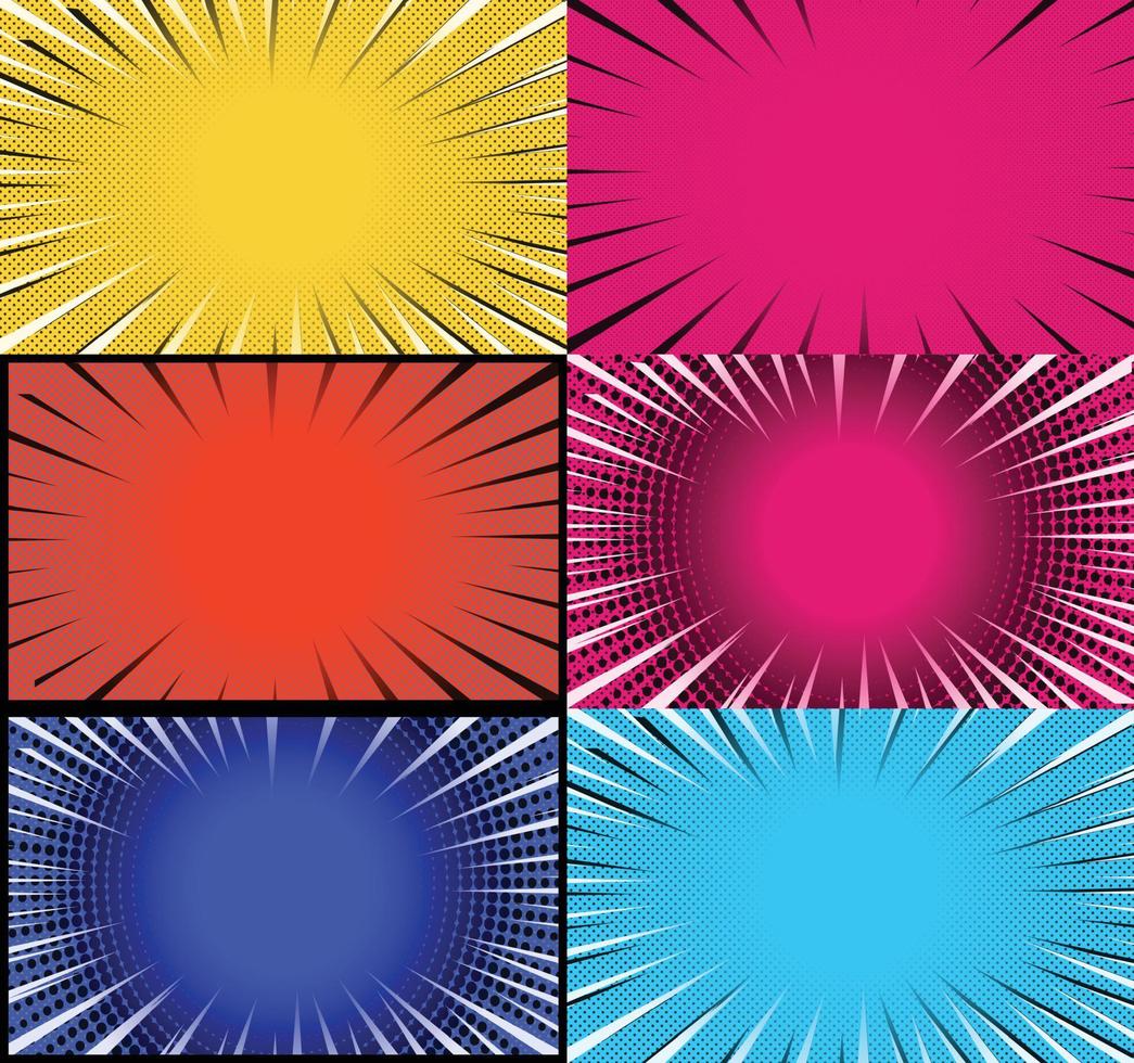 Comic book colorful frames background with halftone rays radial and dotted effects pop art style vector