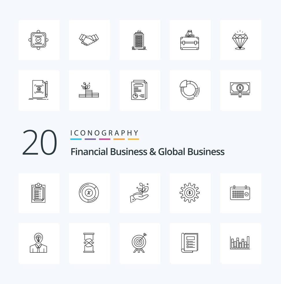 20 negocios financieros y paquete de iconos de línea de negocios global como fecha éxito crecimiento dinero equipo vector